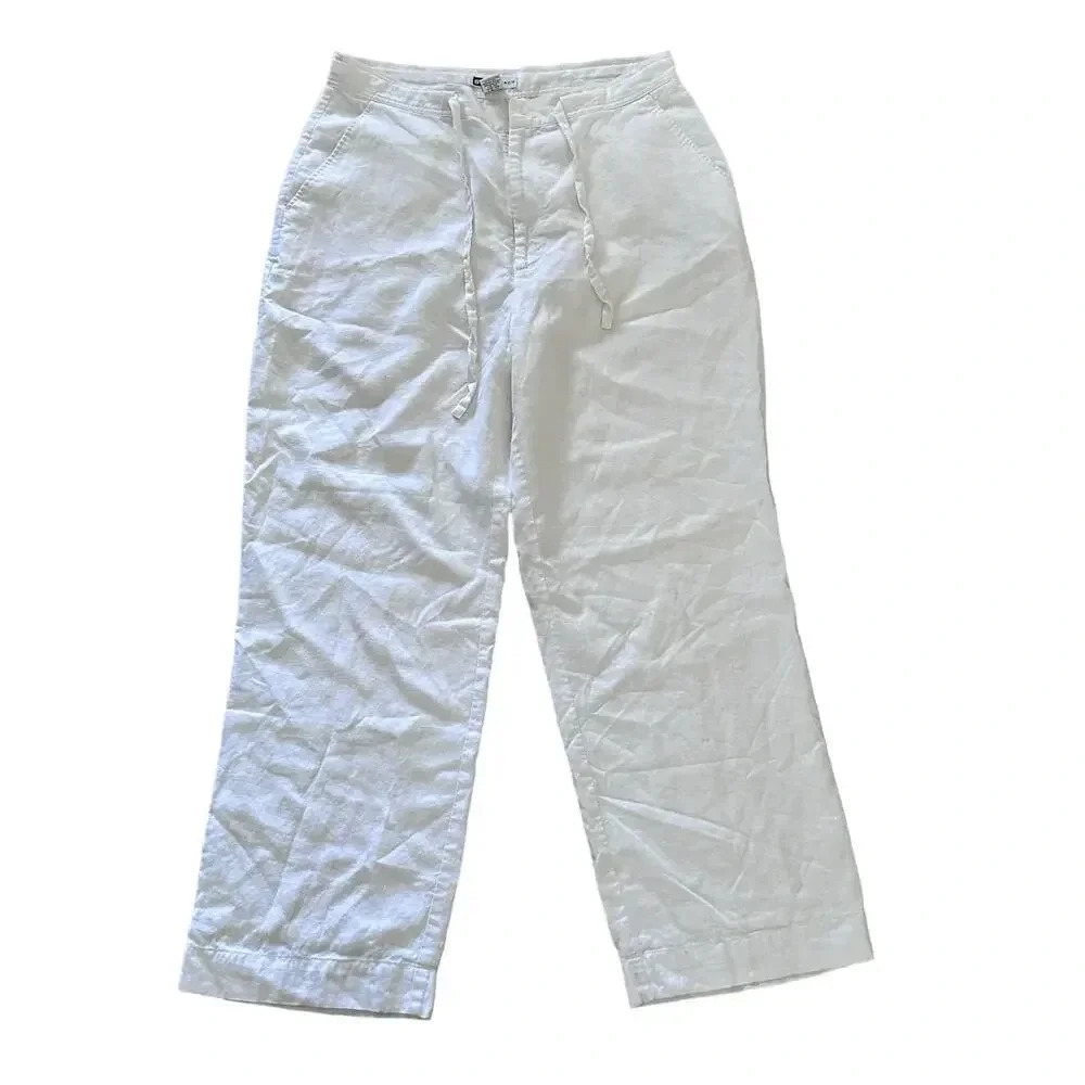 BachRach Women's White Linen Drawstring Wide Leg Trouser Pants Size 34